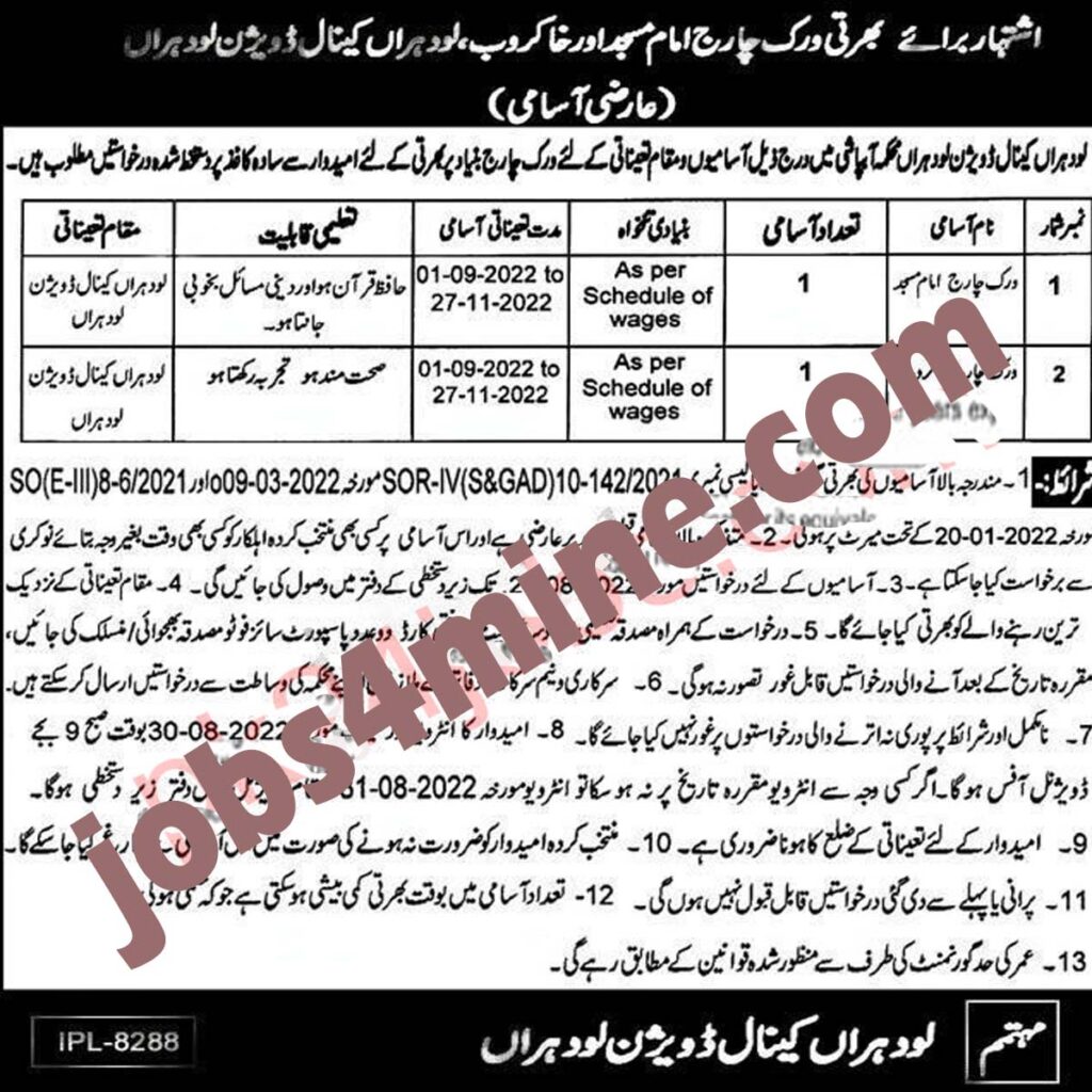 Imam masjid jobs 2022 at Irrigation Department Jobs 2022