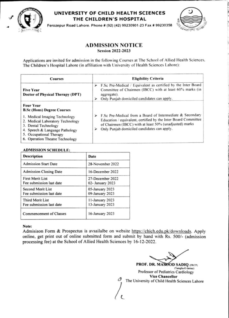 Children Hospital Lahore Admissions Apply Online