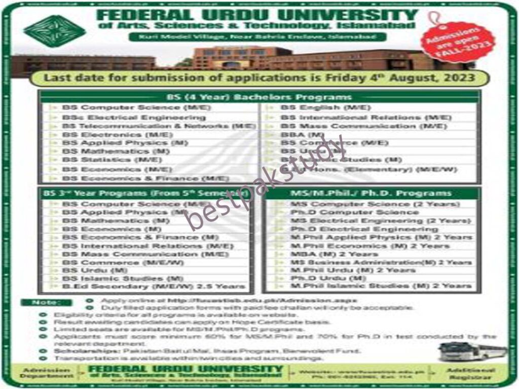 Federal Urdu University Islamabad Admissions 2025: Federal Urdu University of Arts, Sciences & Technology