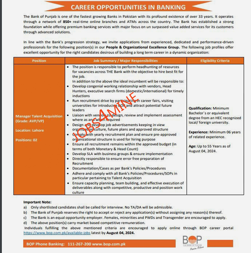The New Bank of Punjab BOP Jobs in Lahore July 2024 Advertisement 1 The New Bank of Punjab BOP Jobs in Lahore July 2024 Advertisement