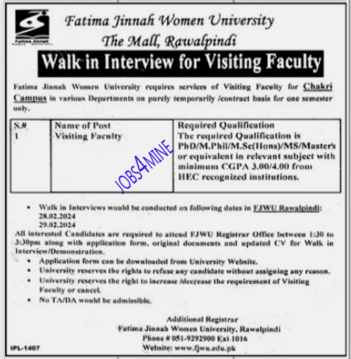 Latest Fatima Jinnah Women University Jobs Rawalpindi July 2024 1 Fatima Jinnah Women University Jobs Rawalpindi July 2024