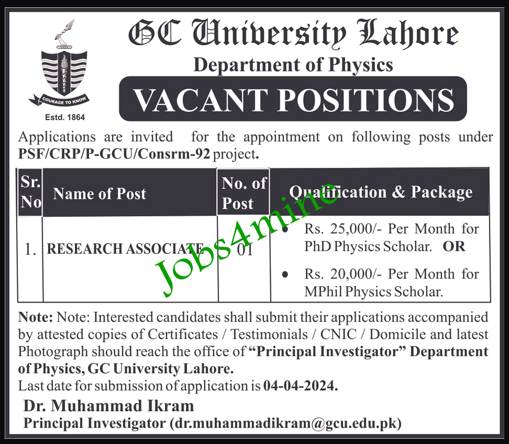 GCU Lahore Jobs Advertisement 2024 – Government College University Lahore Jobs