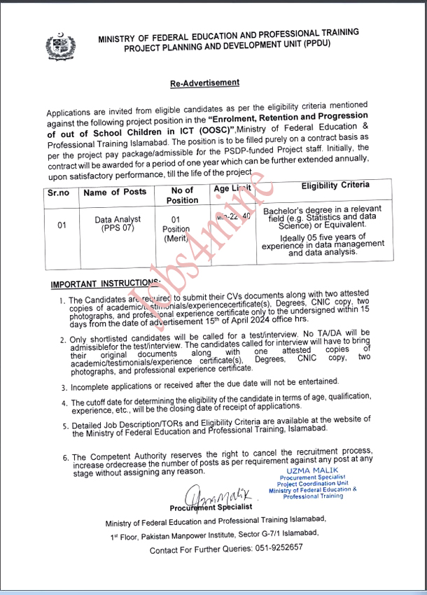 New Ministry of Federal Education and Professional Training Jobs in Islamabad April 2024 Advertisement 2 mn1