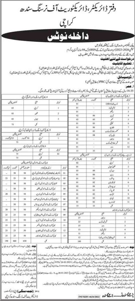 Directorate of Nursing Sindh Karachi NTS Admission 2025